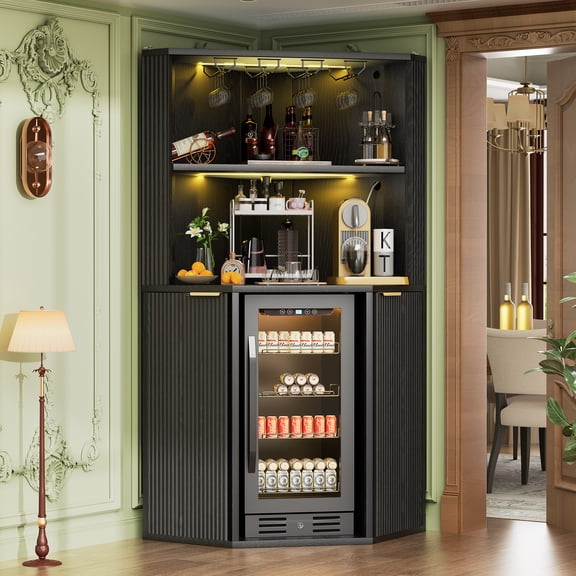 71" L-Shaped Corner Bar Cabinet with Fridge Space, Black