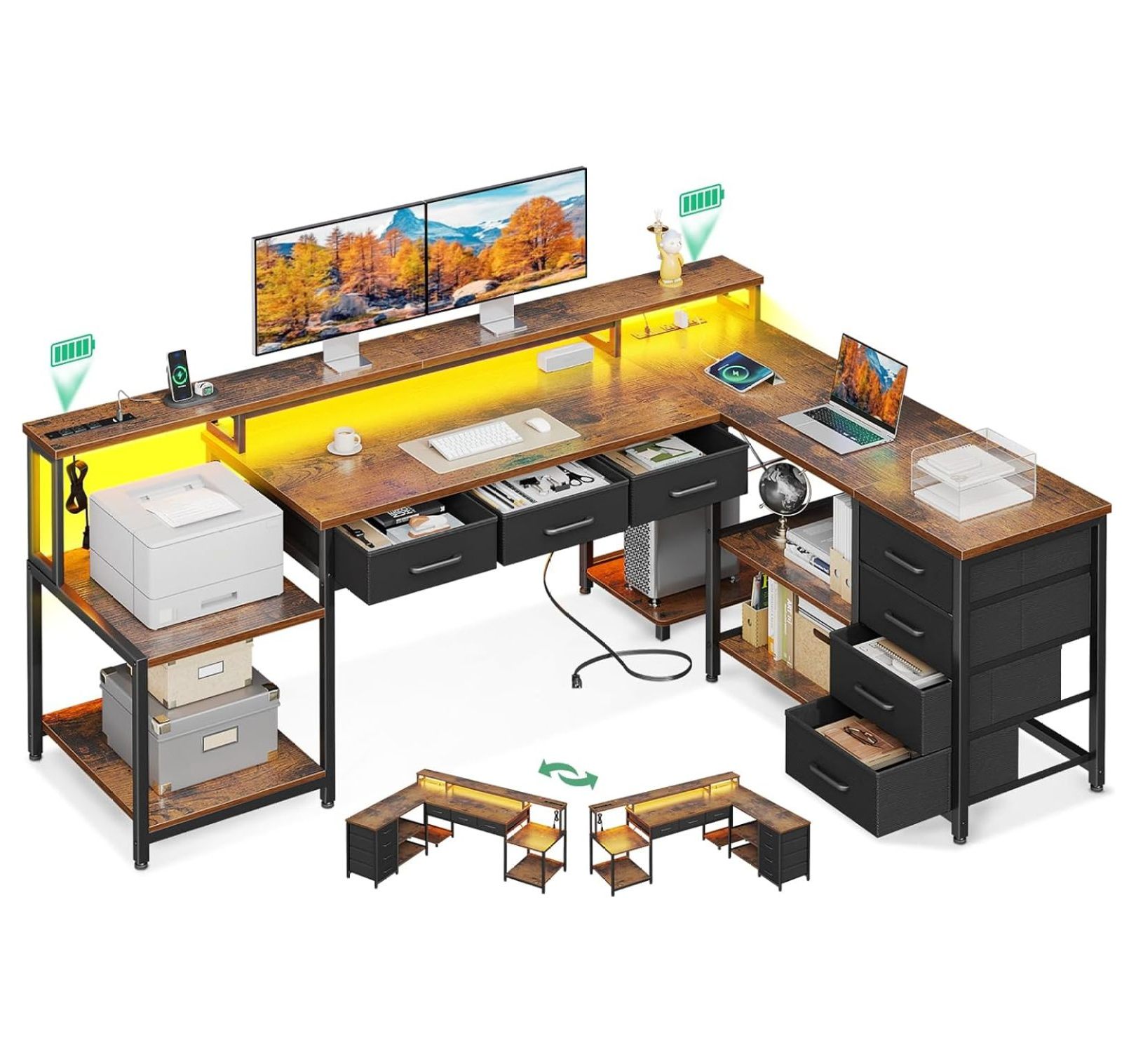 71" L Shaped Desk with 7 File Drawers, L Shaped Computer Desk with 2