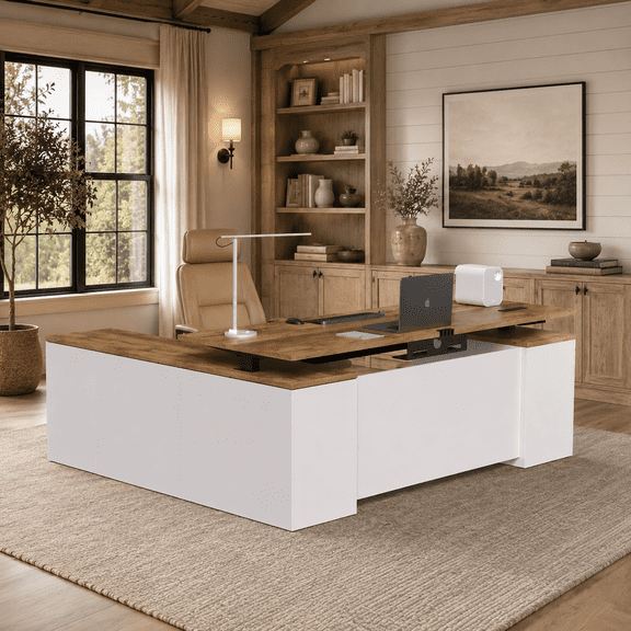 71" L-Shaped Executive Standing Desk with Outlets, Lockable File Cabinet, Drawers, Privacy Panel, Fixed Right Return, Walnut White