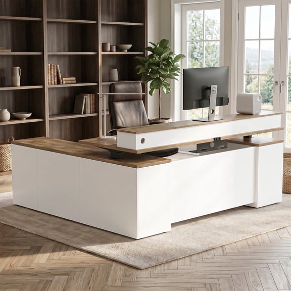 71" L-Shaped Executive Standing Desk with File Cabinet, Drawers, Power Outlets, USB Ports & Privacy Panel, Walnut and White