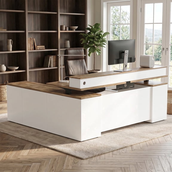 71" L-Shaped Executive Standing Desk with File Cabinet, Drawers, Power Outlets, USB Ports & Privacy Panel, Walnut and White