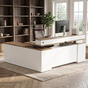 71 L-Shaped Executive Standing Desk with File Cabinet, Drawers, Power Outlets, USB Ports & Privacy Panel, Walnut and White