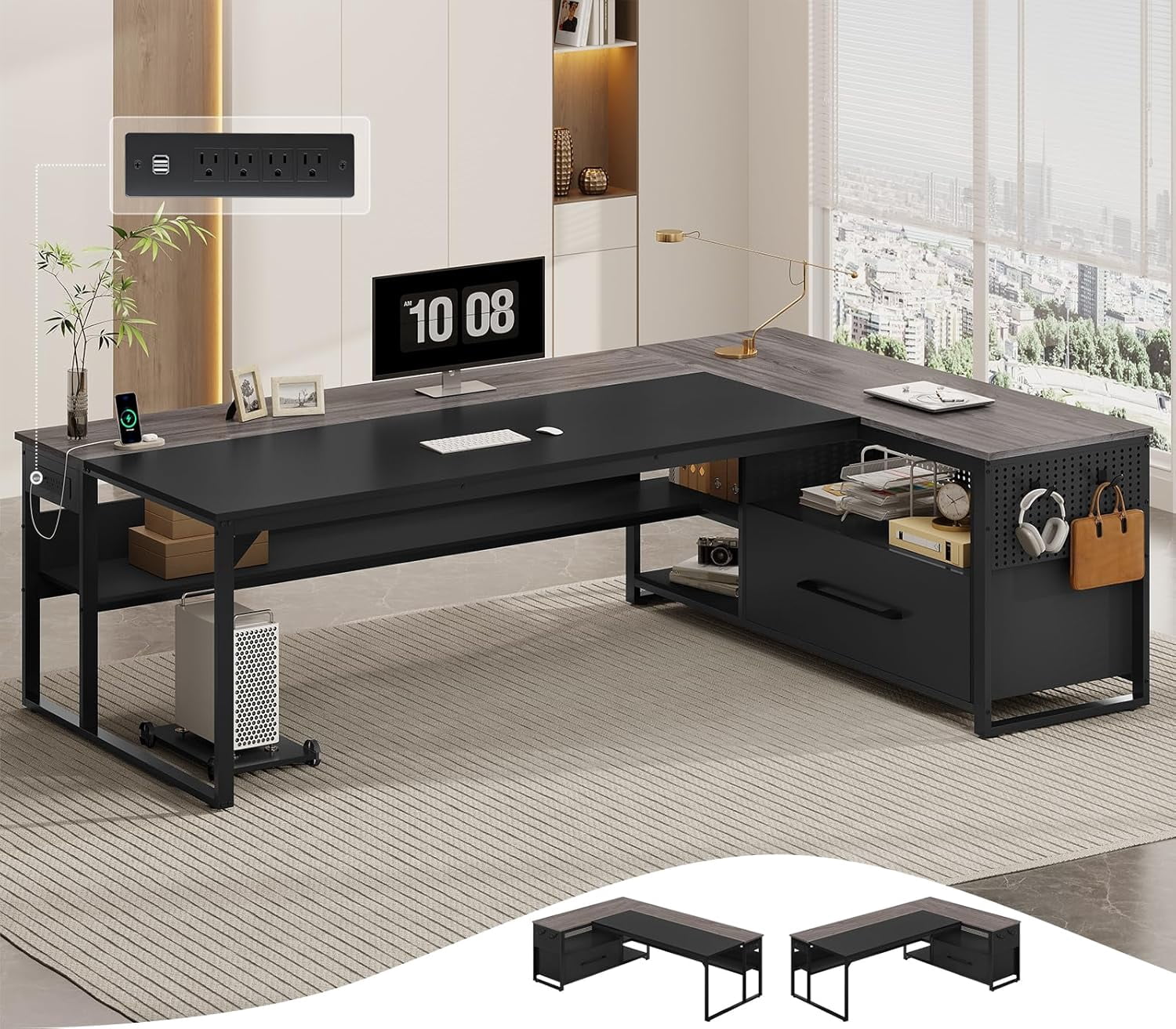 71" L Shaped Executive Desk, Large Office Desk with Widen File Drawers and Power Outlets, Reversible Computer Desk Corner Desk with Storage Shelves, Gray