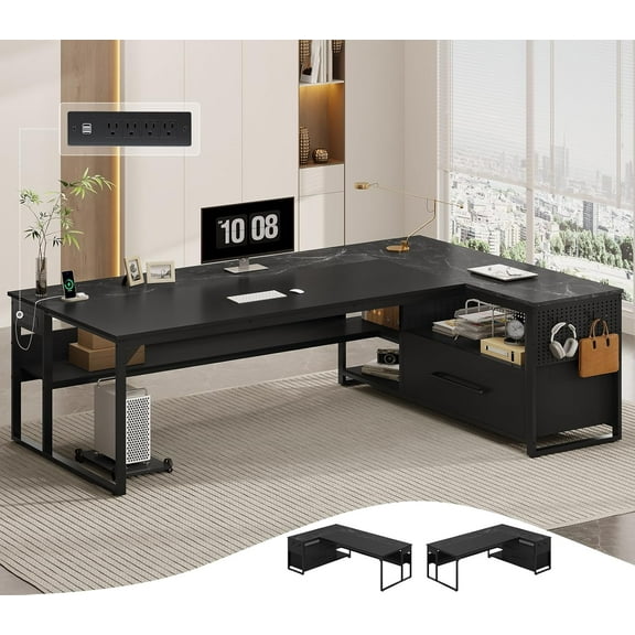 71" L Shaped Executive Desk, Large Office Desk with Widen File Drawers and Power Outlets, Reversible Computer Desk Corner Desk with Storage Shelves, Marble Black