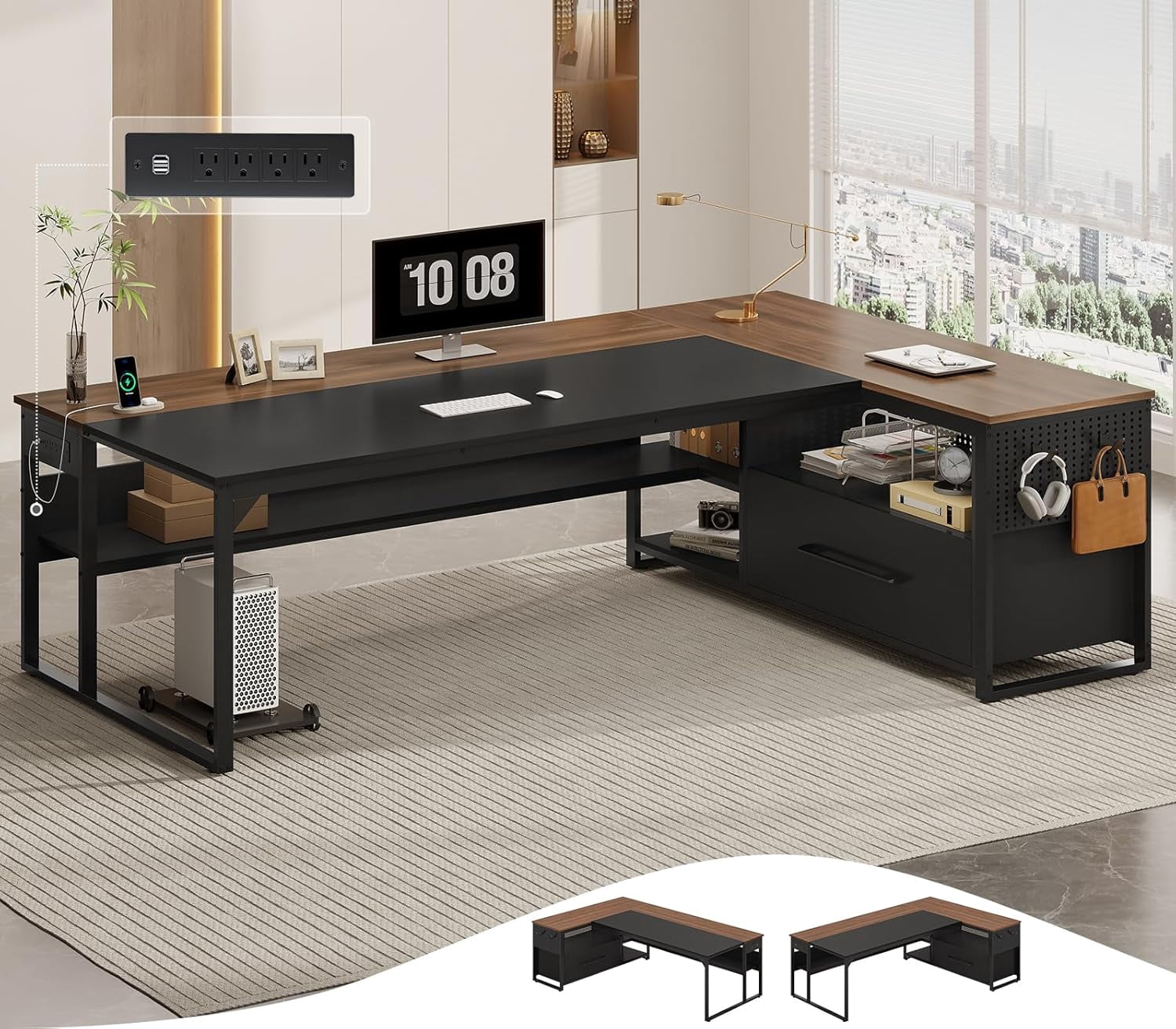 71" L Shaped Executive Desk, Large Office Desk with Widen File Drawers and Power Outlets, Reversible Computer Desk Corner Desk with Storage Shelves, Walnut