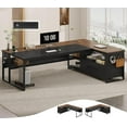 thumbnail image 1 of 71" L Shaped Executive Desk, Large Office Desk with Widen File Drawers and Power Outlets, Reversible Computer Desk Corner Desk with Storage Shelves, Walnut, 1 of 8