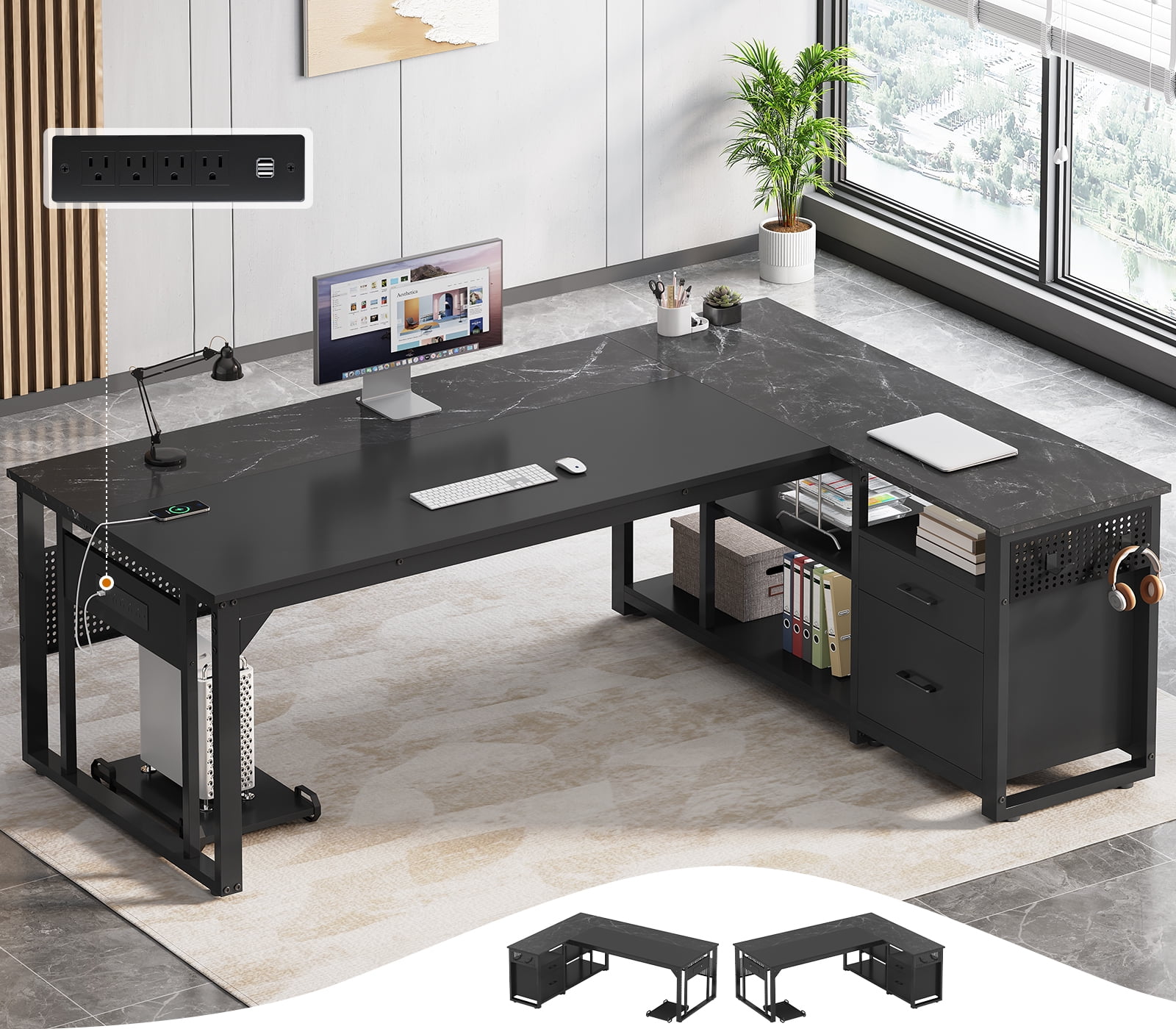 71" L-Shaped Executive Desk with Power Outlets & Mobile CPU Stand, Computer Desk with Storage Shelves, File Cabinet & Pegboard, Corner Desk for Office, Home, Black