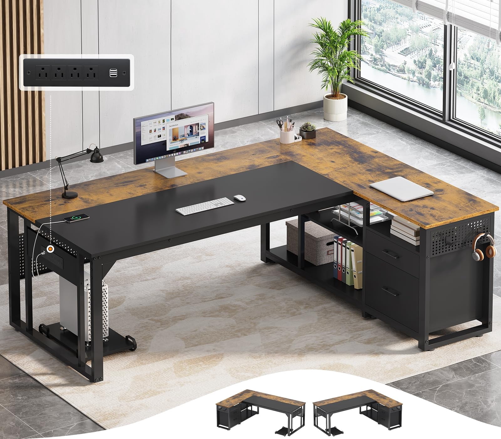 71" L-Shaped Executive Desk with Power Outlets & Mobile CPU Stand, Computer Desk with Storage Shelves, File Cabinet & Pegboard for Office, Home, Brown