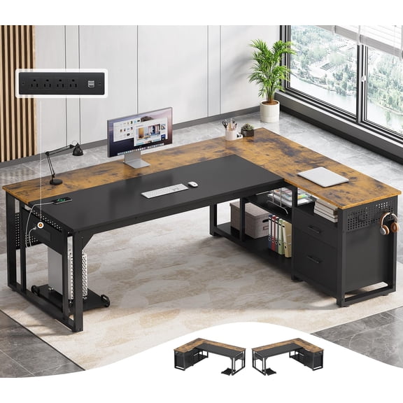 71" L-Shaped Executive Desk with Power Outlets & Mobile CPU Stand, Computer Desk with Storage Shelves, File Cabinet & Pegboard for Office, Home, Brown