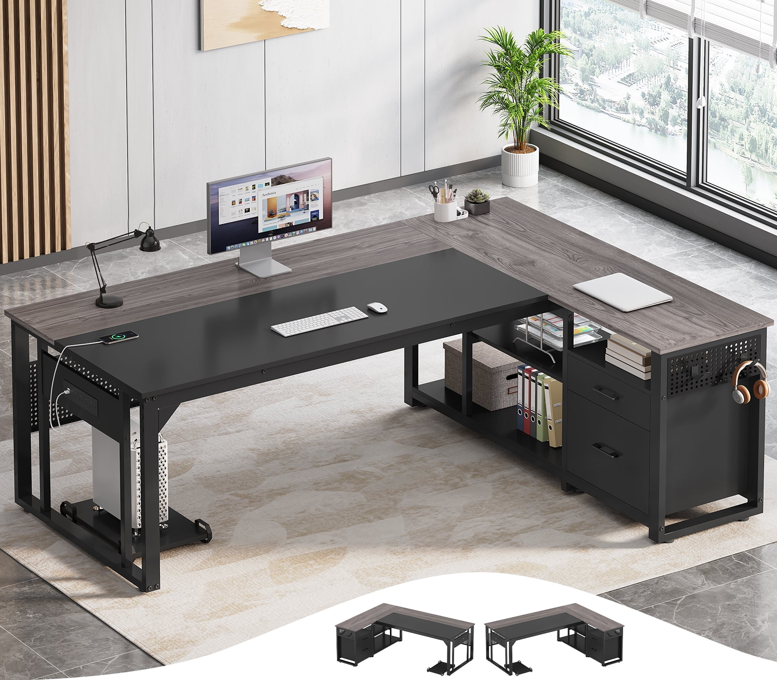 71" L-Shaped Executive Desk with Power Outlets & Mobile CPU Stand, Computer Desk with Storage Shelves, File Cabinet & Pegboard, Corner Desk for Office, Home, Grey
