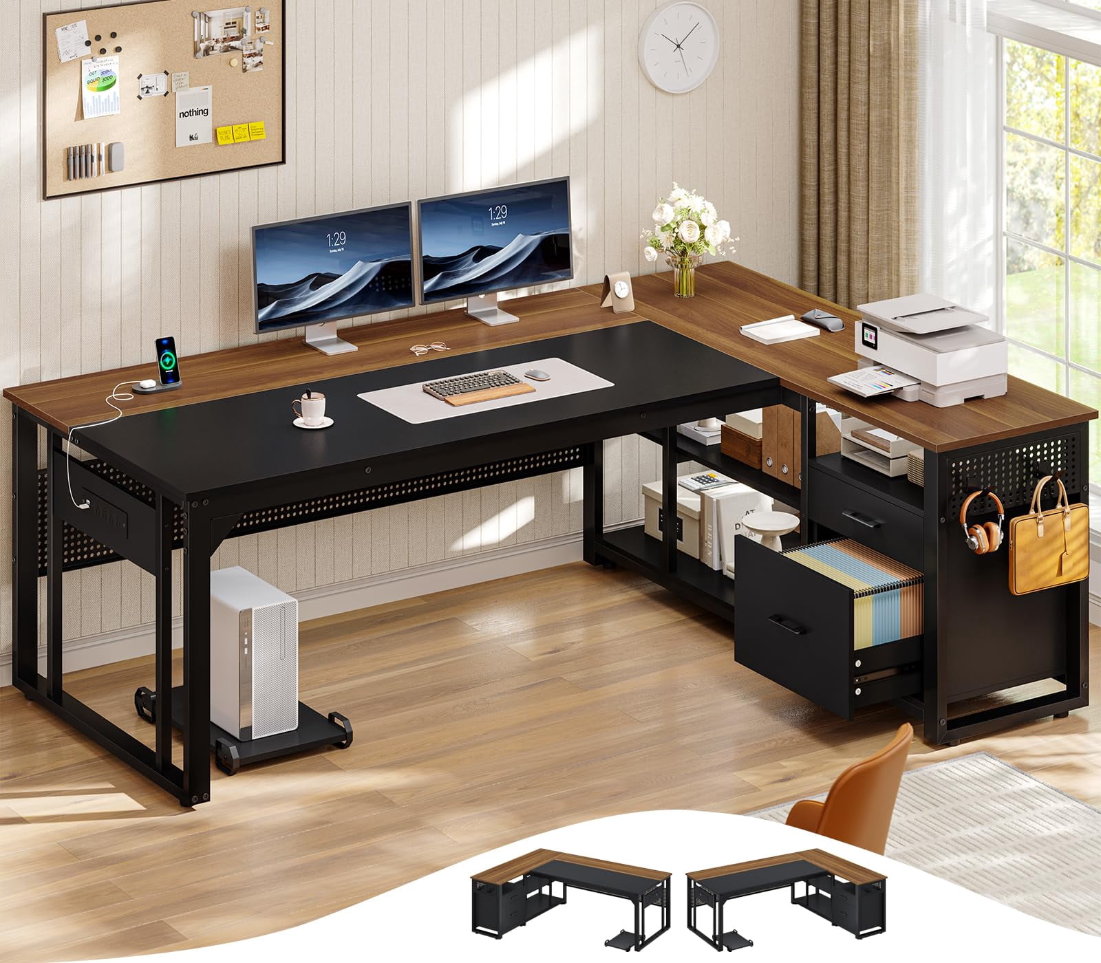 71" L-Shaped Executive Desk with Power Outlets & Mobile CPU Stand, Computer Desk with Storage Shelves, File Cabinet & Pegboard, Corner Desk for Office, Home, Walnut