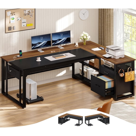 71" L-Shaped Executive Desk with Power Outlets & Mobile CPU Stand, Computer Desk with Storage Shelves, File Cabinet & Pegboard, Corner Desk for Office, Home, Walnut