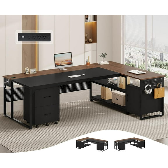 71" L Shaped Executive Desk, Reversible Computer Desk with Mobile File Cabinet and Power Outlets, Large Office Desk with Storage Shelves for Home Office, Walnut