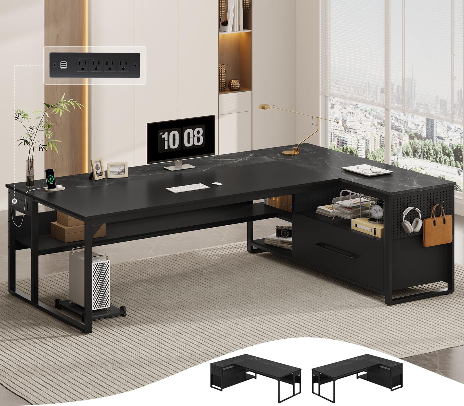 71" L Shaped Executive Desk, Reversible Home Office Desk with Widen File Drawers & Power Outlets, Computer Desk Corner Desk with Open Shelves, CPU Stand, Hooks (Black)