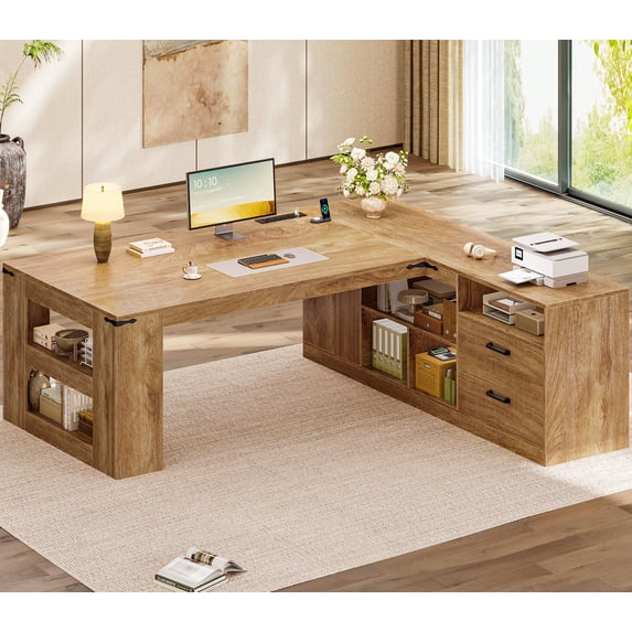71" L-Shaped Executive Desk with Power Outlets & Drawers, Modern Corner Computer Desk with File Cabinet and Storage Shelves for Home Office, Oak