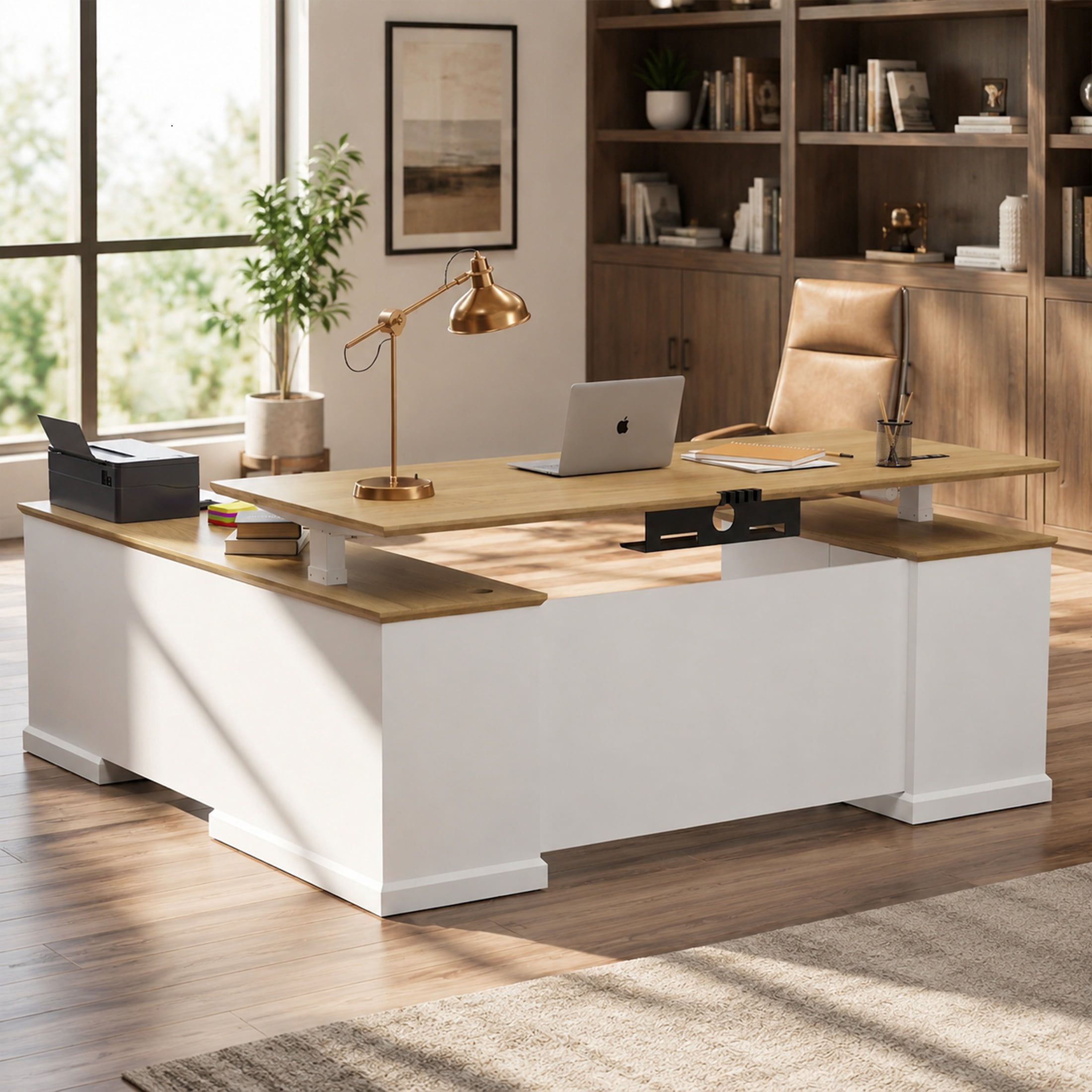 71" L-Shaped Executive Standing Desk, White Sit Stand Desk with Drawers, AC/USB Outlets, Storage Cabinet & Privacy Panel for Office & Home