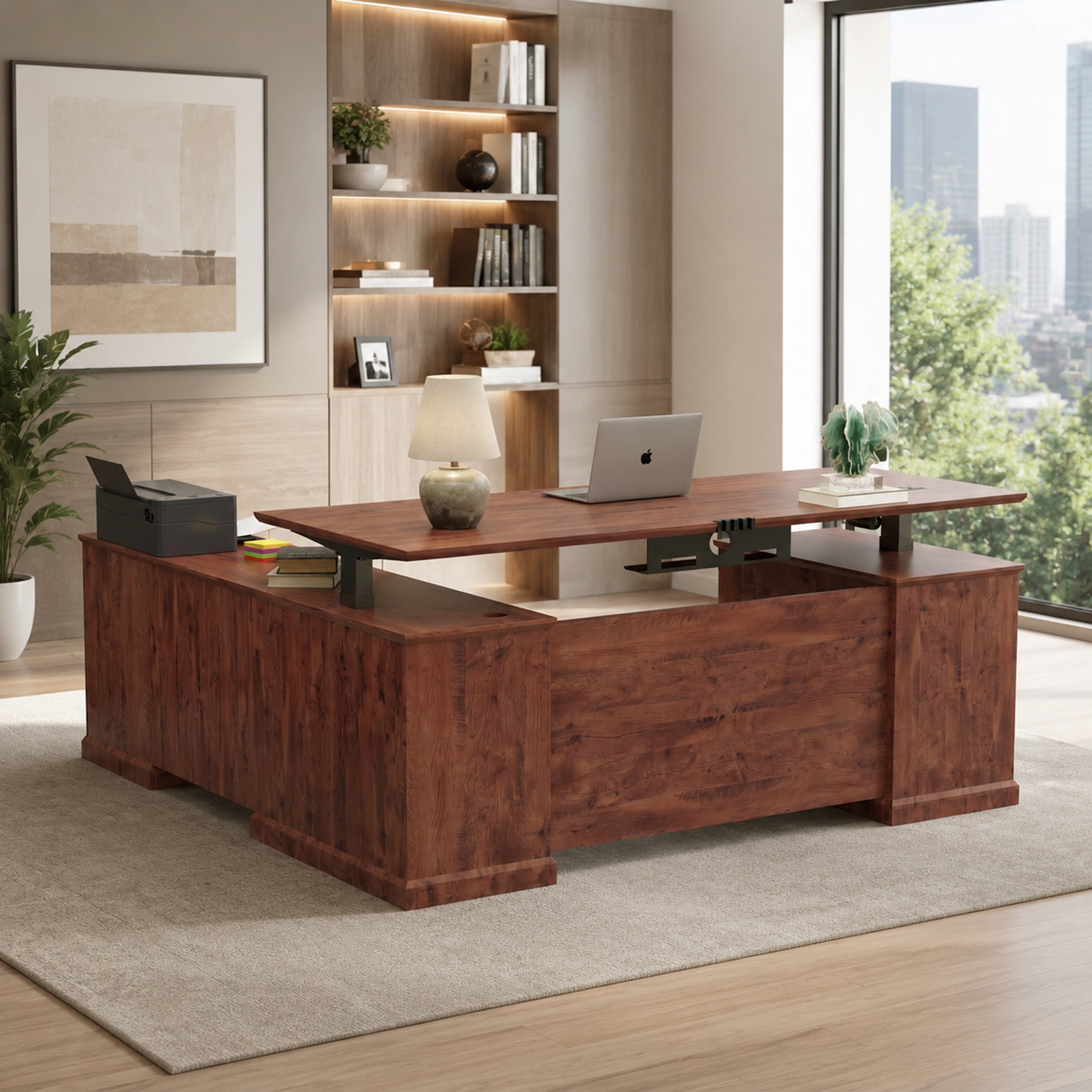71" L-Shaped Executive Standing Desk, Retro Brown Sit Stand Desk with Drawers, AC/USB Outlets, Storage Cabinet & Privacy Panel for Office & Home