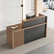 71" L-Shaped Reception Desk with Counter   Front Desk Reception Counter with Lockable Drawer, Storage Cabinet & Cable Grommet for Office, Lobby, Checkout Walnut & Stone Gray