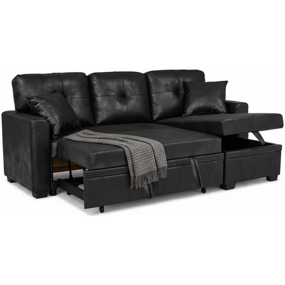 71" L Shaped Sectional Couch with Pull Out Sleeper Bed, Black Reversible Sleeper Couch with Storage Chaise, Faux Leather Sofa Bed for Living Room Small Spaces Apartment