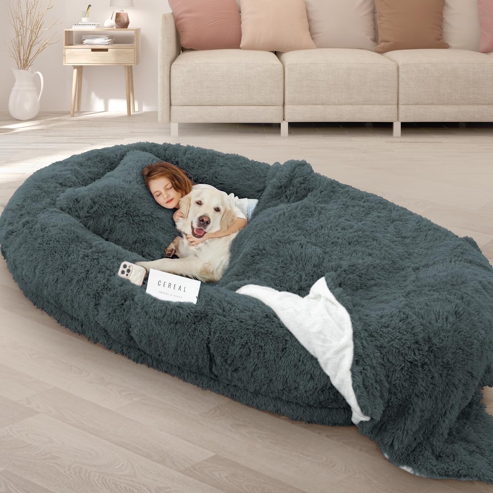 Orthopedic Human Dog Bed for Adult, Washable Oversize Giant Bed with Plump Pillow, Blanket, Strap 71''x45''x12