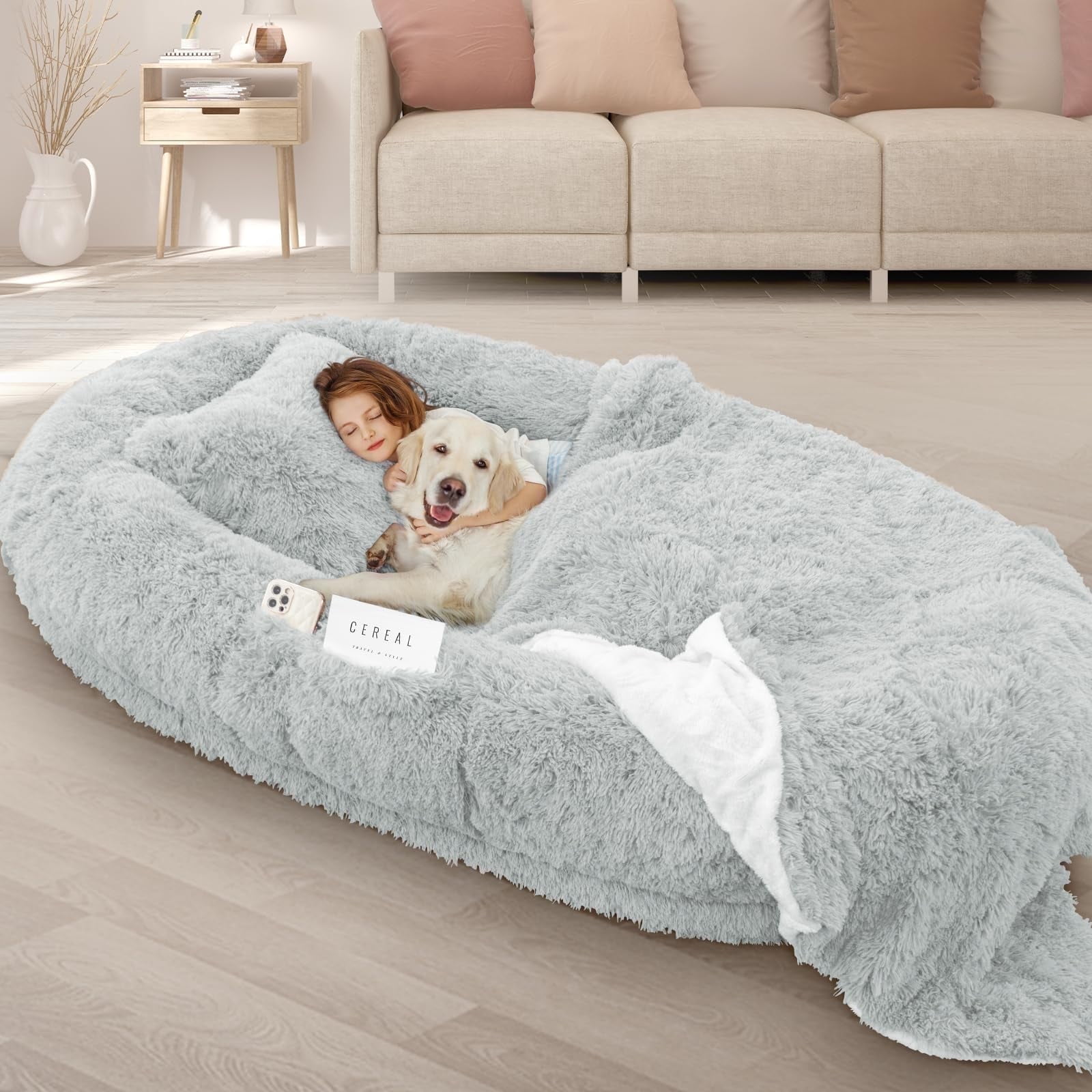 Oversize Memory Foam Human Dog Bed, with Pillow & Blanket, Gray 71"L x 45"W x 12"Th