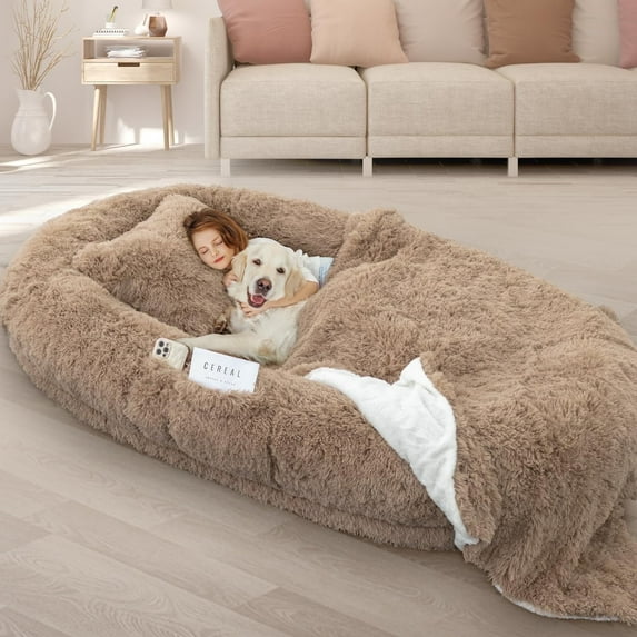 Oversize Human Dog Bed Memory Foam Bed with Plump Pillow and Blanket Khaki 71"L x 45"W x 12"Th