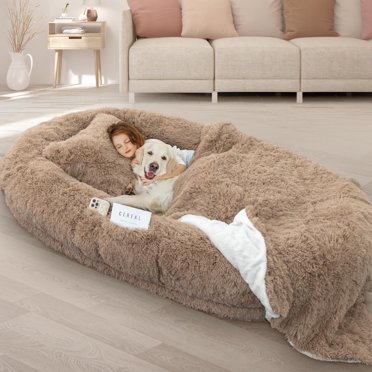 71"L x 45"W x 12"Th Oversize Khaki Human Dog Bed Memory Foam Bed with Plump Pillow and Blanket