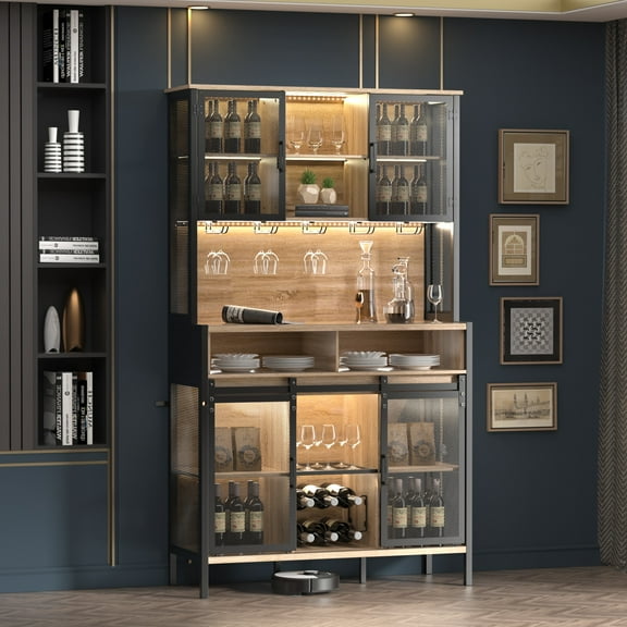 71" LED Lights Industrial Kitchen Hutch Cabinet/Dining Room Hutch with Sliding Barn Door/Freestanding Kitchen Pantry Cupboard with Wine Rack/Rustic Oak