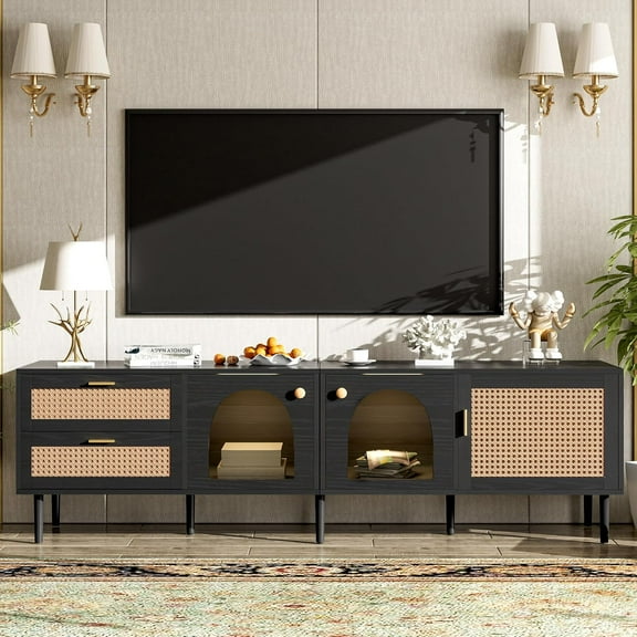 71'' LED TV Stand, Boho Entertainment Center With 3 Doors & 2 Drawers, Modern Console Table With Rattan Decor, Walnut Media Console for TVs Up to 80'', Cabinet for Living Room