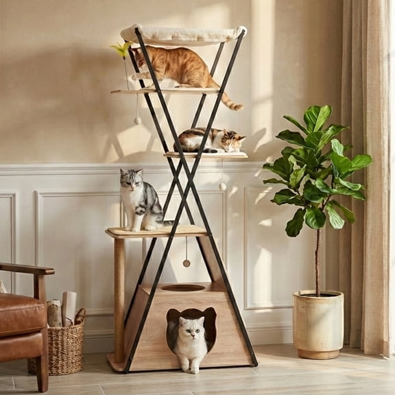 71" Large Cat Tree, Sturdy Wooden Tower for Big Cats with Spacious Condo, Wide Perch, Scratching Posts and Hammock for Multi-Cat Homes