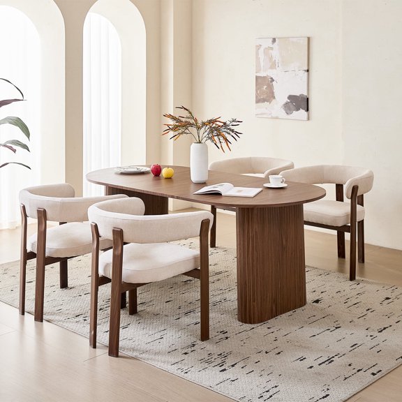 71" Large Dining Table Set for 4, Rounded Corners Farmhouse Modern Rectangle Wood Kitchen Table with 4 Beige Chenille Upholstered Armchairs for Living Room Apartment Waiting Room