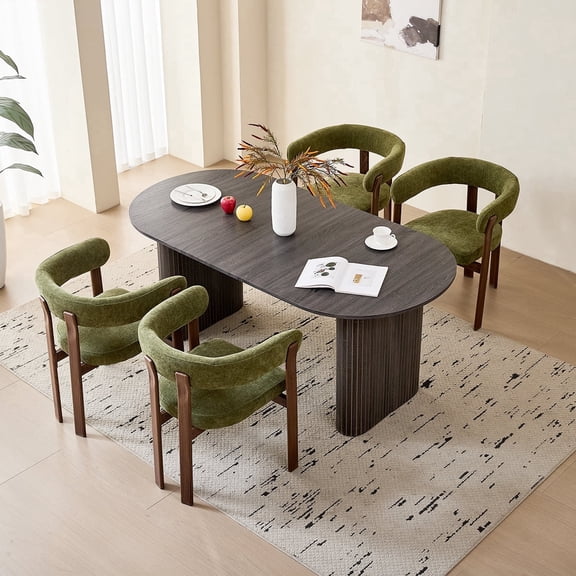 71" Large Dining Table Set for 4, Rounded Corners Farmhouse Modern Rectangle Wood Kitchen Table with 4 Green Chenille Upholstered Armchairs for Living Room Apartment Waiting Room