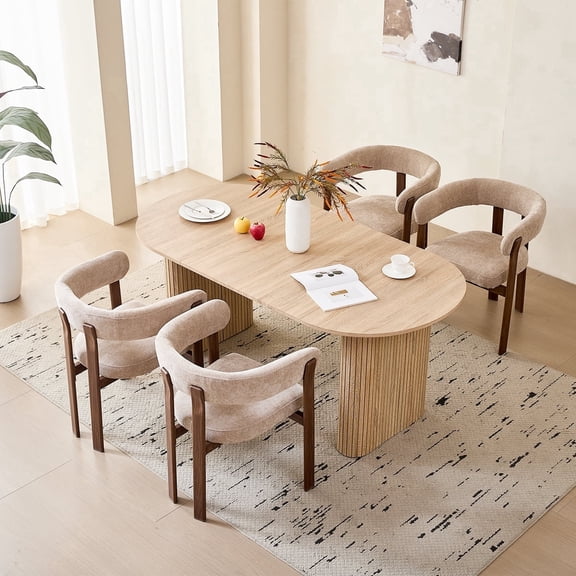 71" Large Dining Table Set for 4, Rounded Corners Farmhouse Modern Rectangle Wood Kitchen Table with 4 Khaki Chenille Upholstered Armchairs for Living Room Apartment Waiting Room