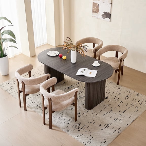 71" Large Dining Table Set for 4, Rounded Corners Farmhouse Modern Rectangle Wood Kitchen Table with 4 Khaki Chenille Upholstered Armchairs for Living Room Apartment Waiting Room
