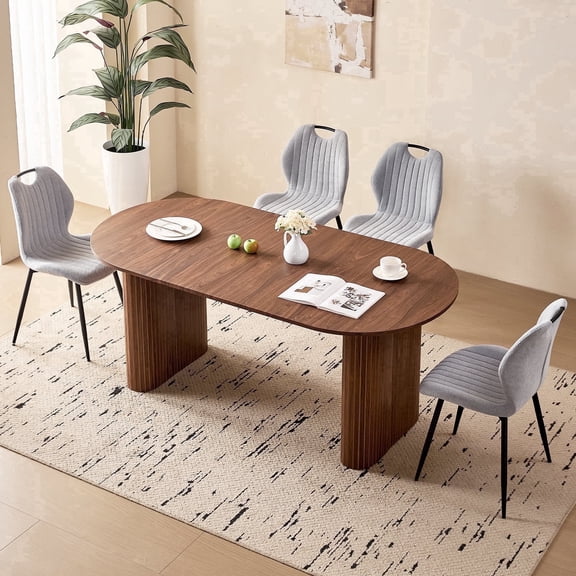 71" Large Dining Table Set for 4, Rounded Corners Farmhouse Modern Rectangle Wood Kitchen Table with Fabric Wingback Dining Chairs for Living Room Apartment Waiting Room