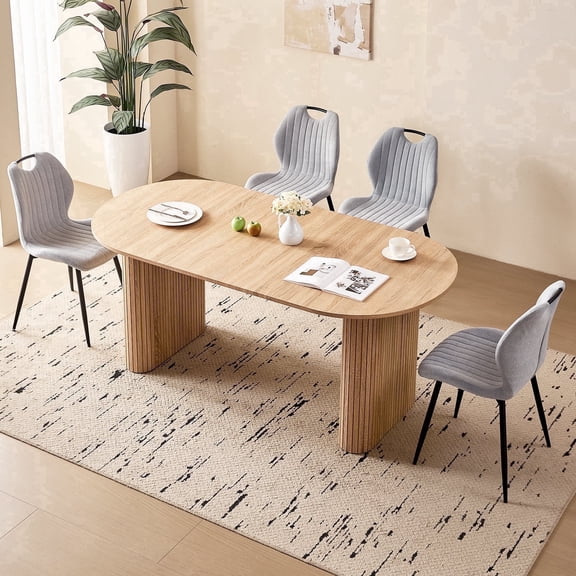 71" Large Dining Table Set for 4, Rounded Corners Farmhouse Modern Rectangle Wood Kitchen Table with Fabric Wingback Dining Chairs for Living Room Apartment Waiting Room
