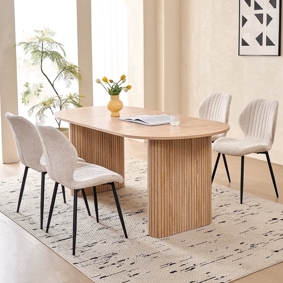 71" Large Dining Table Set for 4, Rounded Corners Farmhouse Modern Rectangle Wood Kitchen Table with Boucle Chairs Set of 4