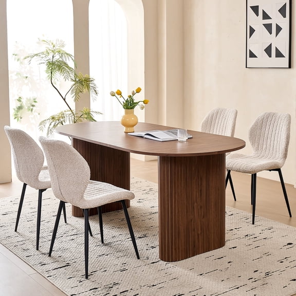 71" Large Dining Table Set for 4, Rounded Corners Farmhouse Modern Rectangle Wood Kitchen Table with Boucle Chairs Set of 4