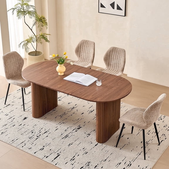 71" Large Dining Table Set for 4, Rounded Corners Farmhouse Modern Rectangle Wood Kitchen Table with Boucle Chairs Set of 4