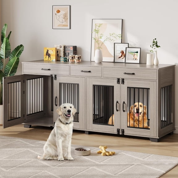 71" Large Dog Crate for 2 Dogs, Double Dog Cage Furniture with 3 Drawers for Ample Storage Space, Furniture Style Indoor Dog Crate & TV Stand, for Large Medium Dogs