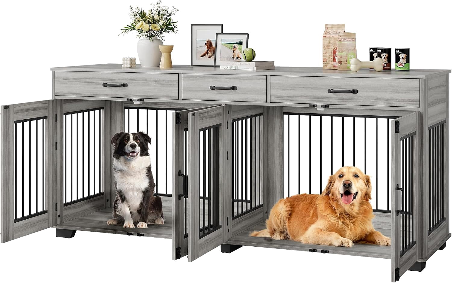71" Large Dog Crate for 2 Dogs, Dog Crate with 3 Drawers, Grey Oak ...
