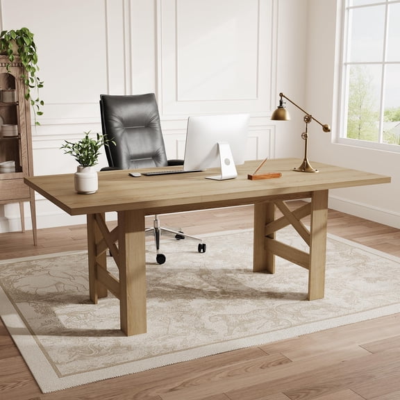 71" Large Farmhouse Dining Table for 6-8 People, Wooden Barn Style Kitchen Table with Sturdy Triangular Legs, Thickened Tabletop for Home Office