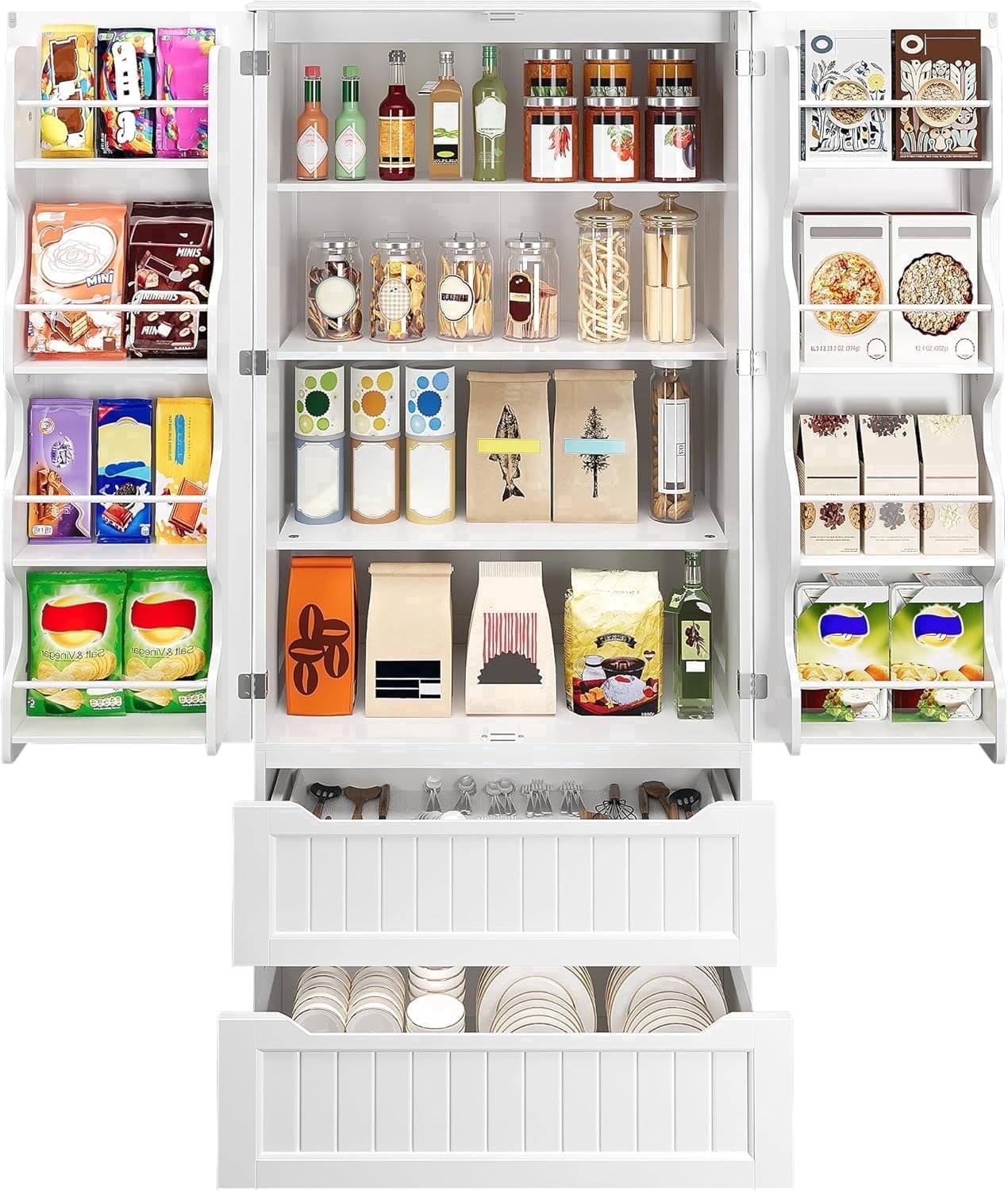 71" Tall Kitchen Pantry Cabinet with Drawers for Dining Room, Noelse Food Pantry Storage Cabinet with 8 Door Shelves for Snack and Spice, Large Craft Storage Cabinet for Craft Room, White, Painted