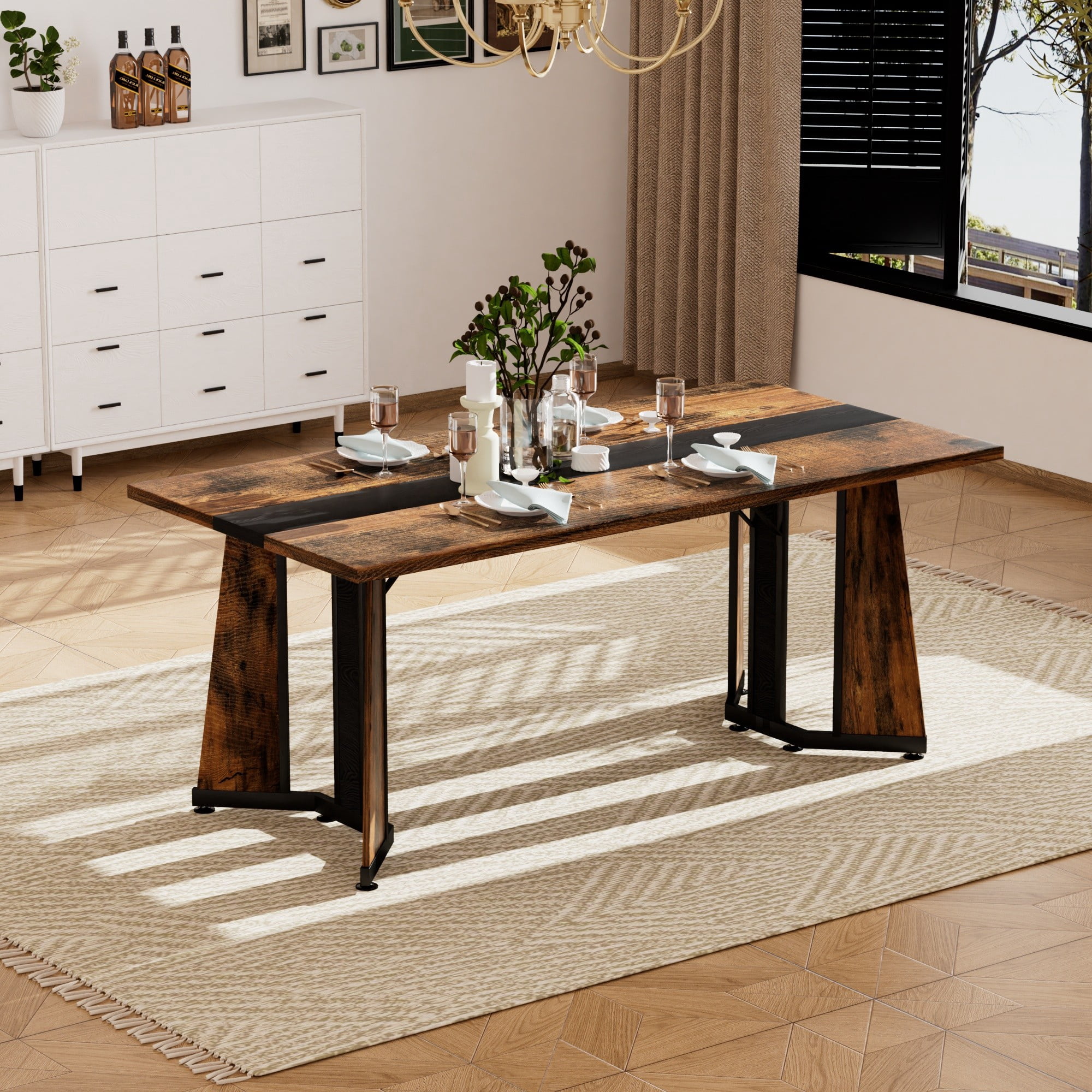 71" Large Rectangular Dining Table for 6-8 People,Marble Grain Waterproof Large Desk,Dining Table with Adjustable Legs for Kitchen,Living Room,Office,Rustic Brown