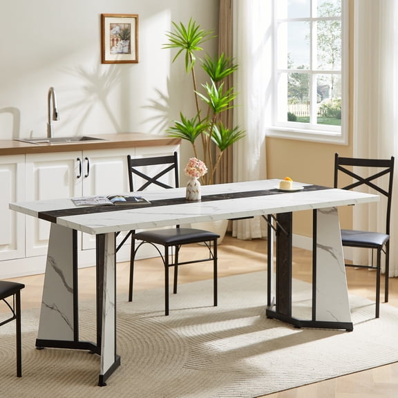 71" Large Rectangular Dining Table for 6-8 People,Marble Grain Waterproof Large Desk,Dining Table with Adjustable Legs for Kitchen,Living Room,Office,White