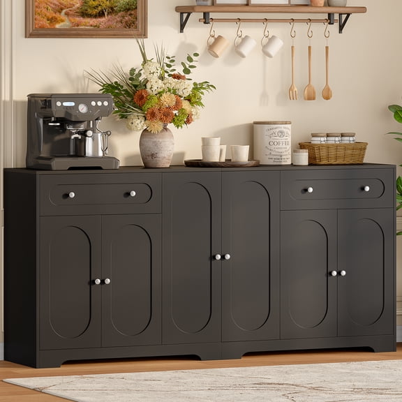 71" Large Sideboard Buffet Cabinet with Storage, Kitchen Coffee Bar Cabinet with 2 Drawers 6 Doors & Adjustable Shelves, Large Dining Room Console TV Stand, Black