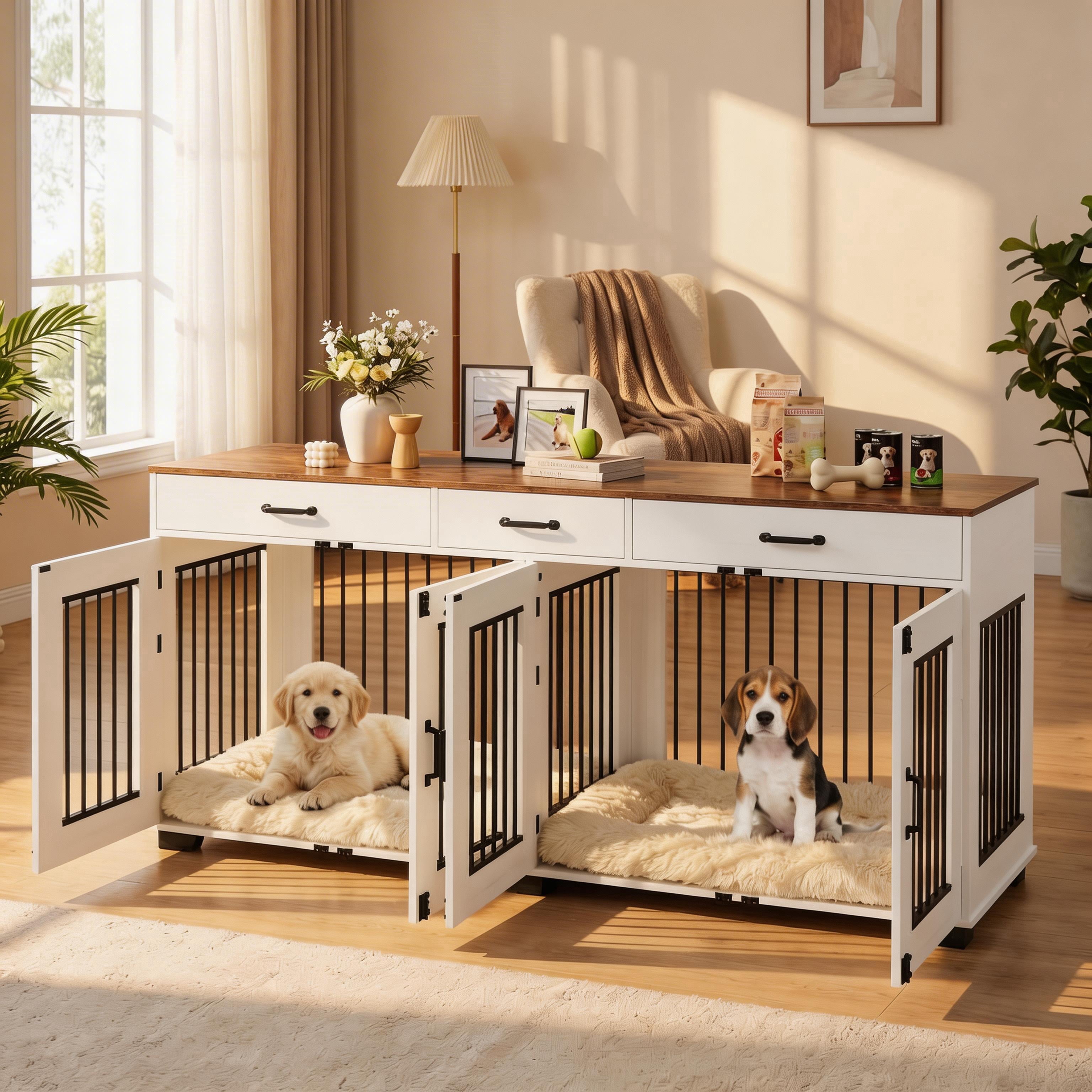 71" Large Wooden Dog Crate with 3 Drawers and Divider for 2 Dogs ...