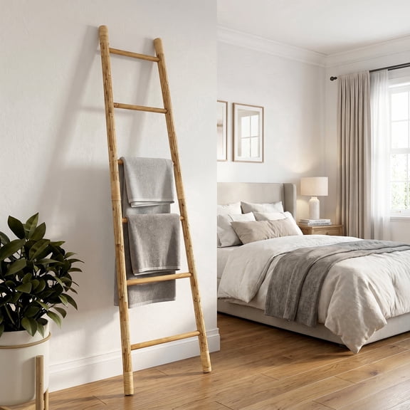 Langford Home 6-Tier Leaning Blanket 71" Ladder with Rattan, Home Bathroom Decor, Pine Wood