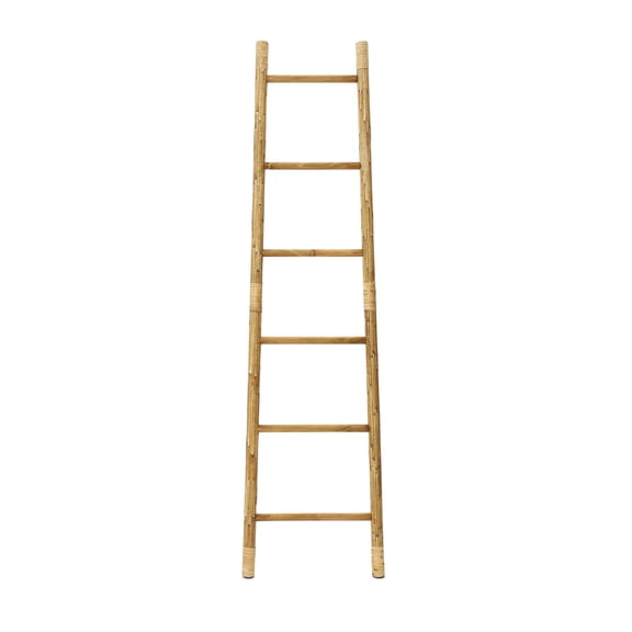 Langford Home 6-Tier Leaning Blanket 71" Ladder with Rattan, Home Bathroom Decor, Pine Wood
