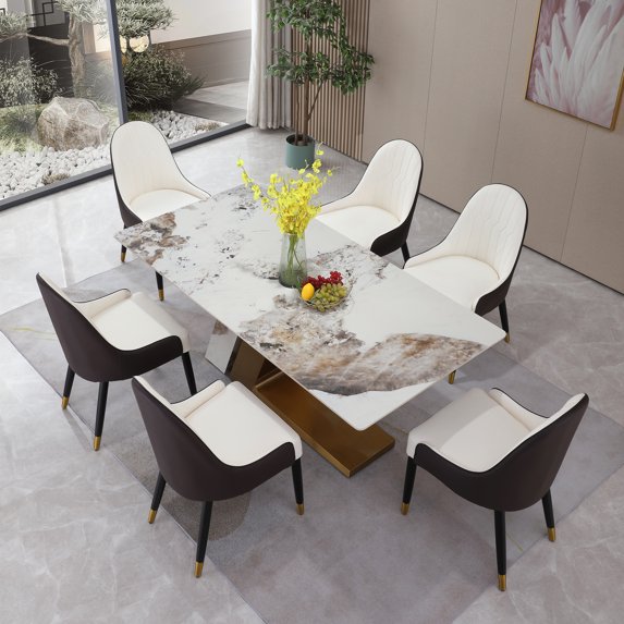 71” Leavader L-shape Sintered Stone Square Dining Table Set For 6 People Kitchen Room with 6 Chairs